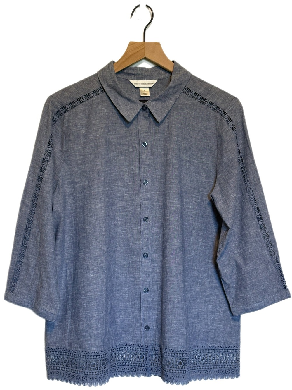 Christopher & Banks Linen Blend Chambray Crochet Lace Trim Button Shirt Blue M